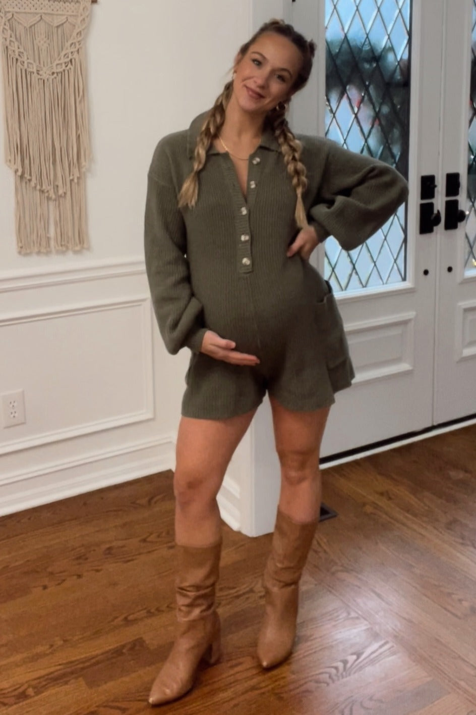 Olive Button Down Maternity Sweater Romper