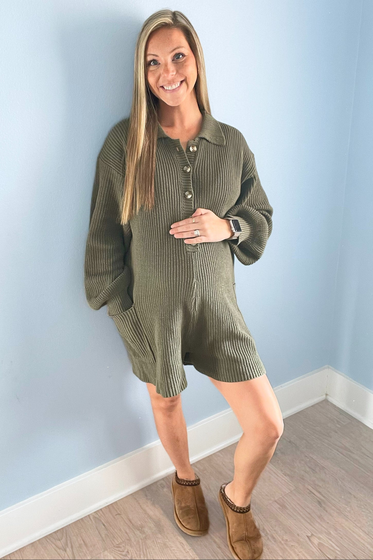 Olive Button Down Maternity Sweater Romper
