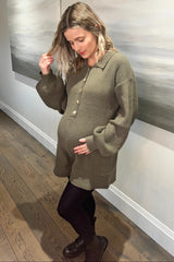 Olive Button Down Maternity Sweater Romper