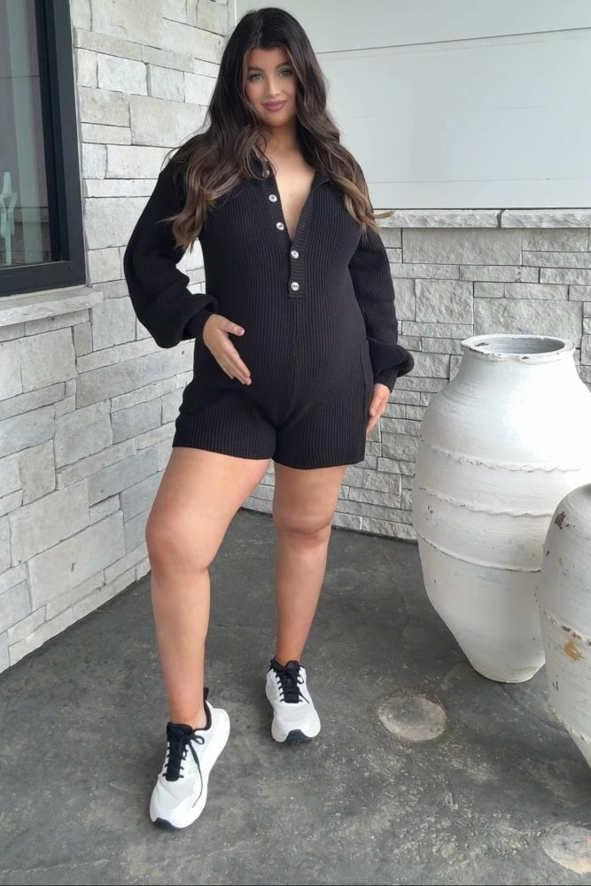 Black Button Down Maternity Sweater Romper