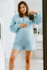 Light Blue Button Down Maternity Sweater Romper