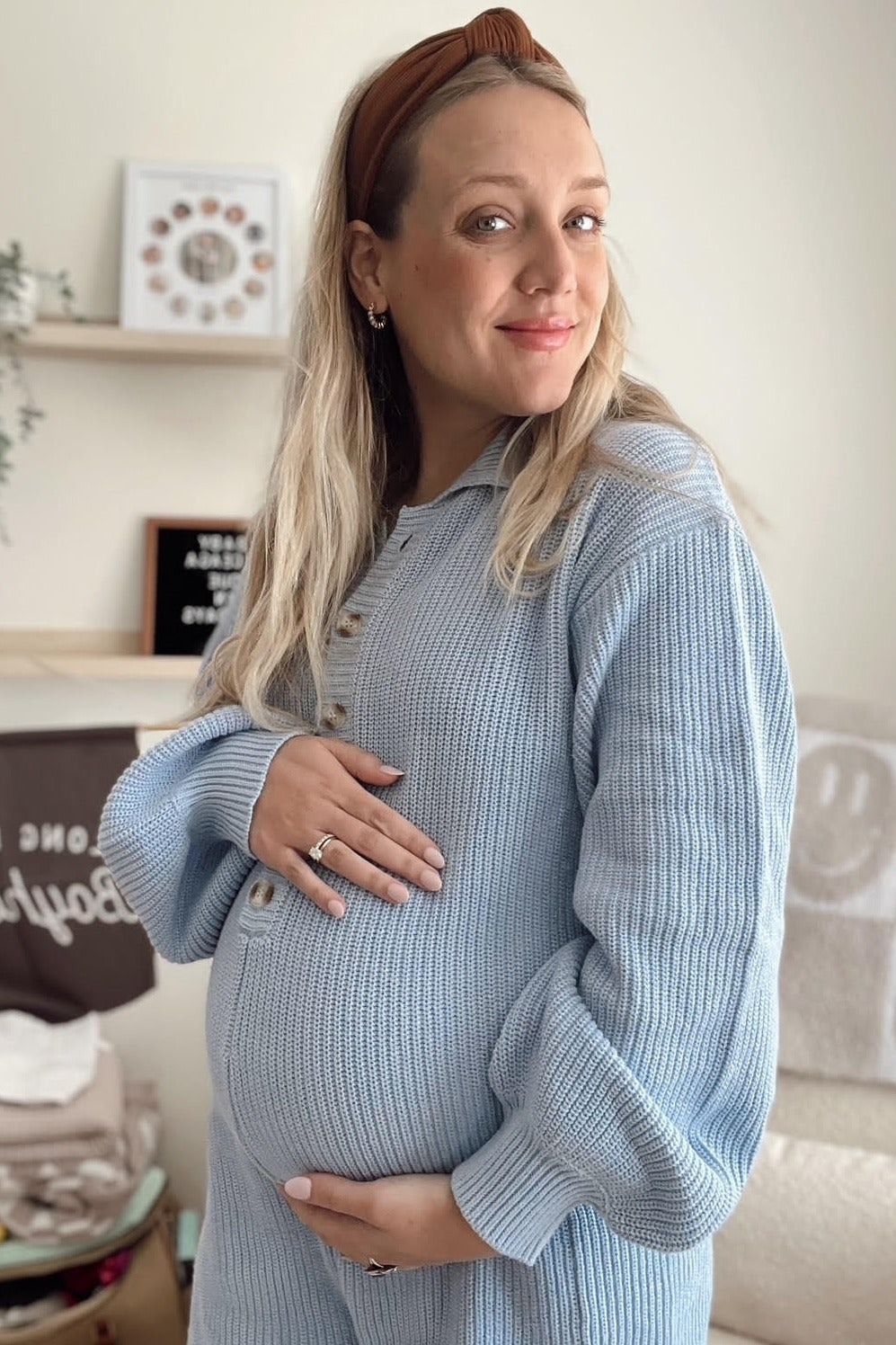 Light Blue Button Down Maternity Sweater Romper