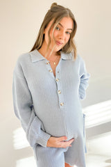 Light Blue Button Down Maternity Sweater Romper