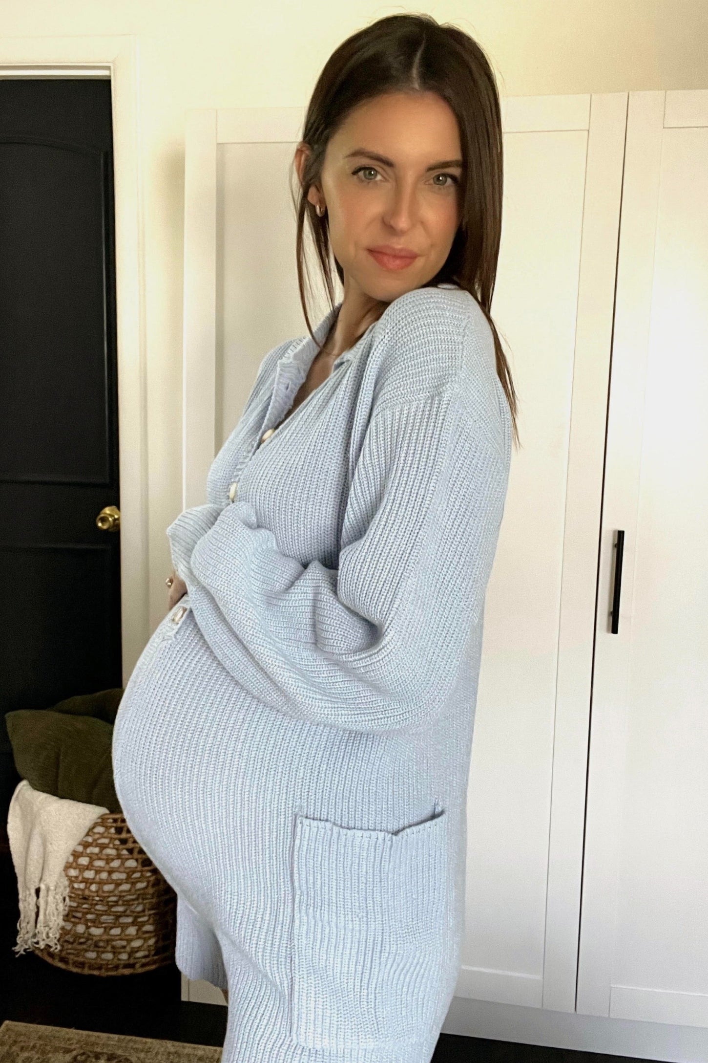 Light Blue Button Down Maternity Sweater Romper