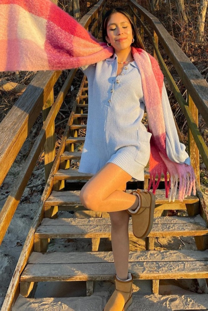 Light Blue Button Down Sweater Romper