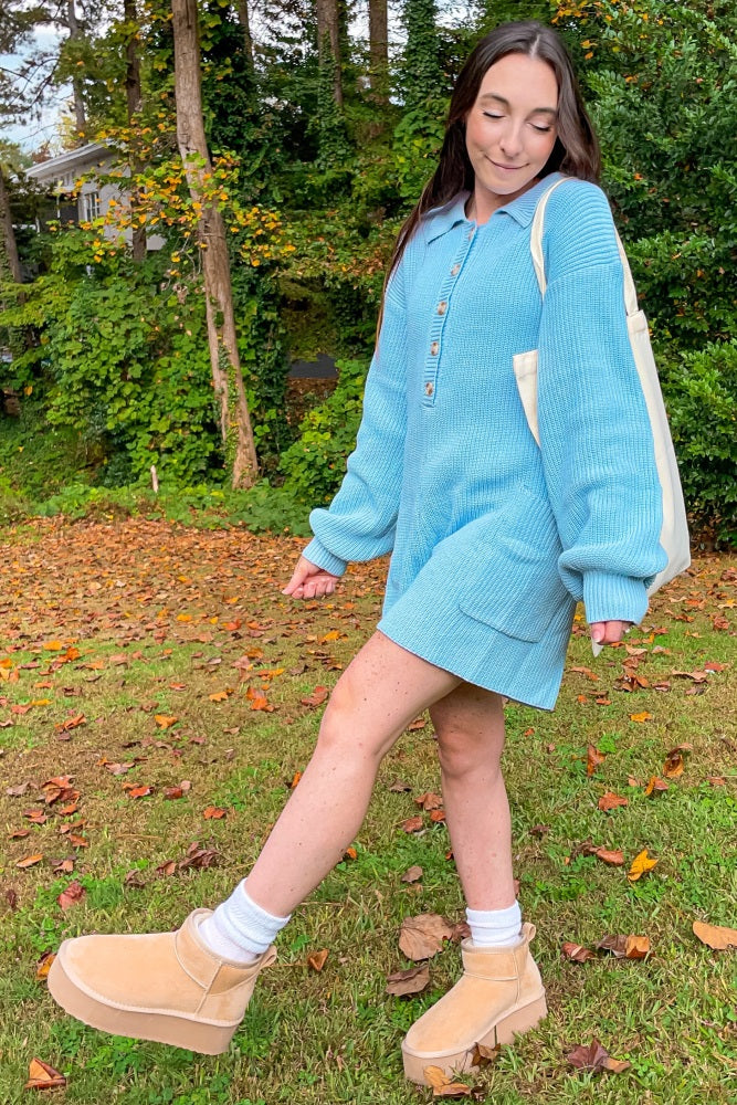 Light Blue Button Down Sweater Romper