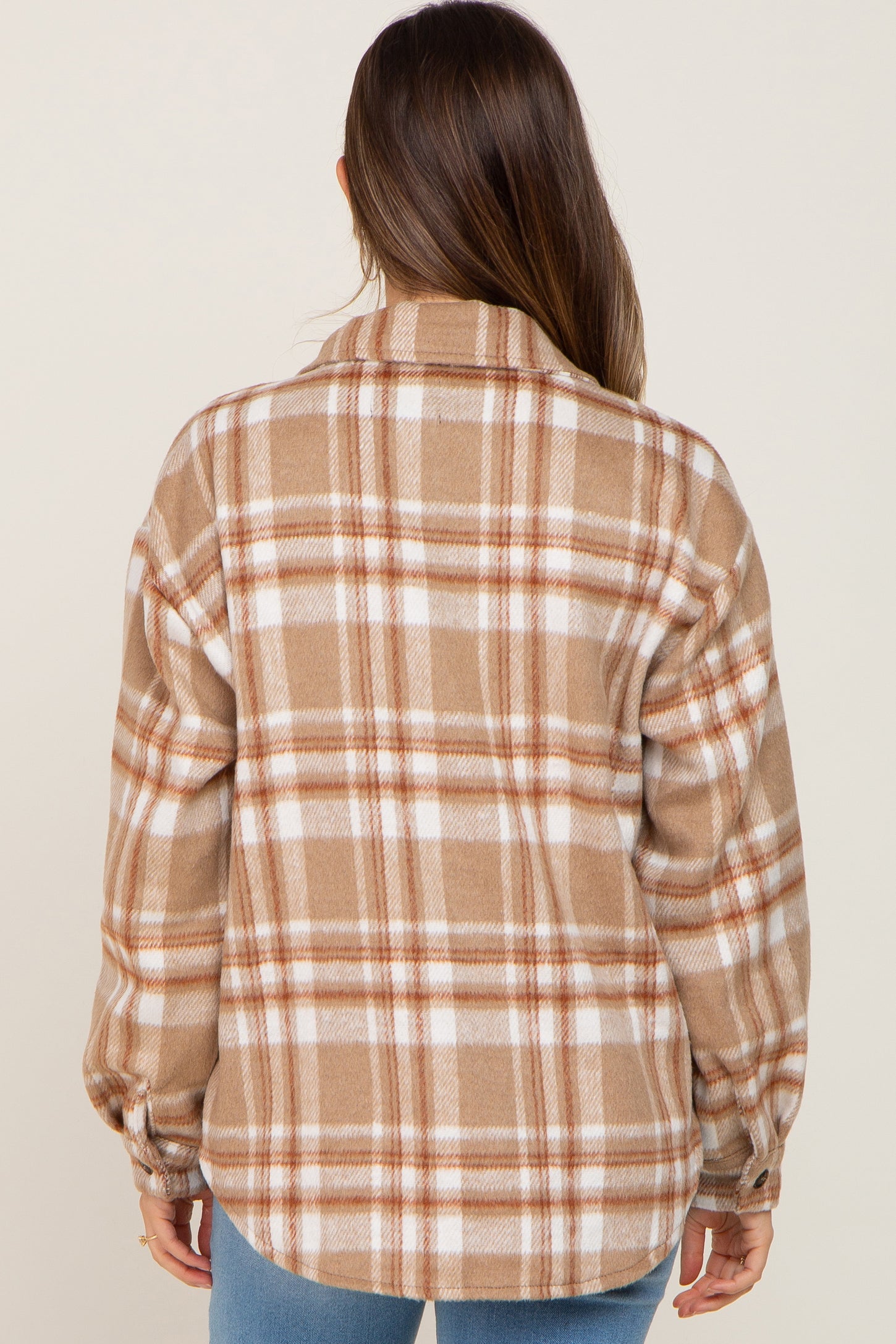 Light Mocha Plaid Front Pocket Maternity Shacket