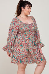 Burgundy Floral Smocked Ruffle Accent Plus Dress