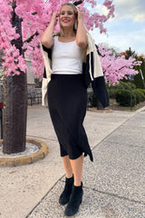 Black Soft Knit Ribbed Side Slit Midi Skirt