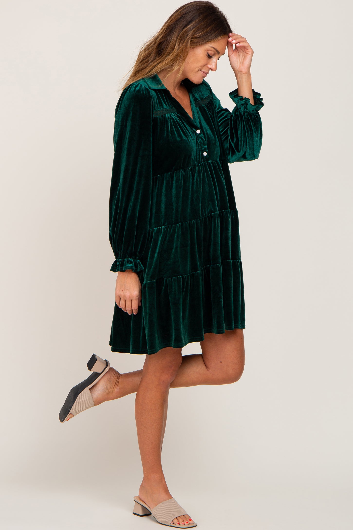 Green Velvet Long Sleeve Tiered Collared Dress PinkBlush Green Velvet Long Sleeve Tiered Collared Dress PinkBlush