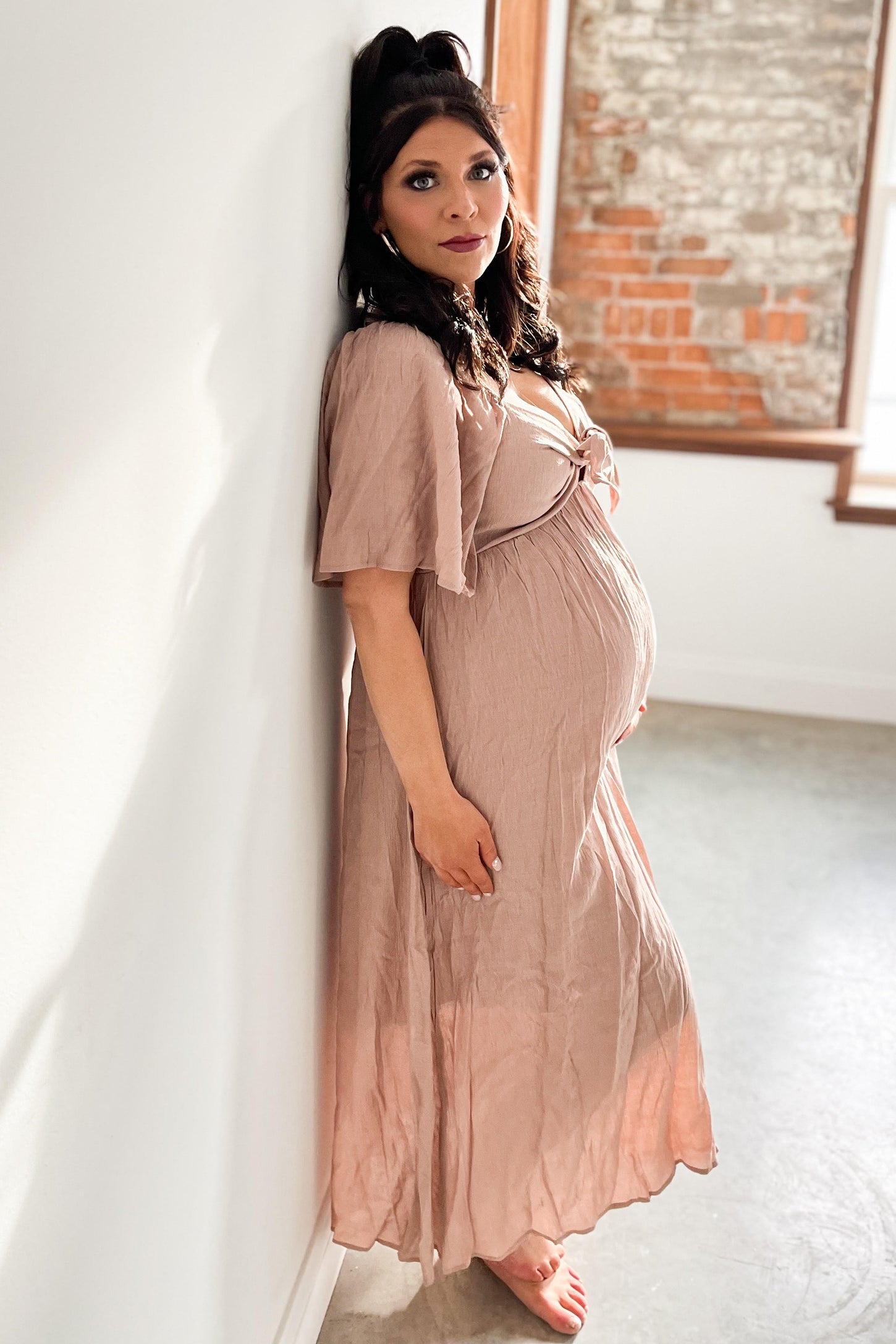 Mocha Front Tie Ruffle Sleeve Maternity Midi Dress