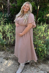 Mocha Front Tie Ruffle Sleeve Maternity Midi Dress