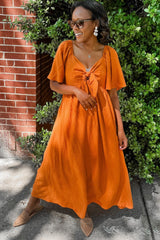 Rust Front Tie Ruffle Sleeve Maternity Midi Dress