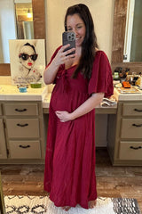 Burgundy Front Tie Ruffle Sleeve Maternity Midi Dress
