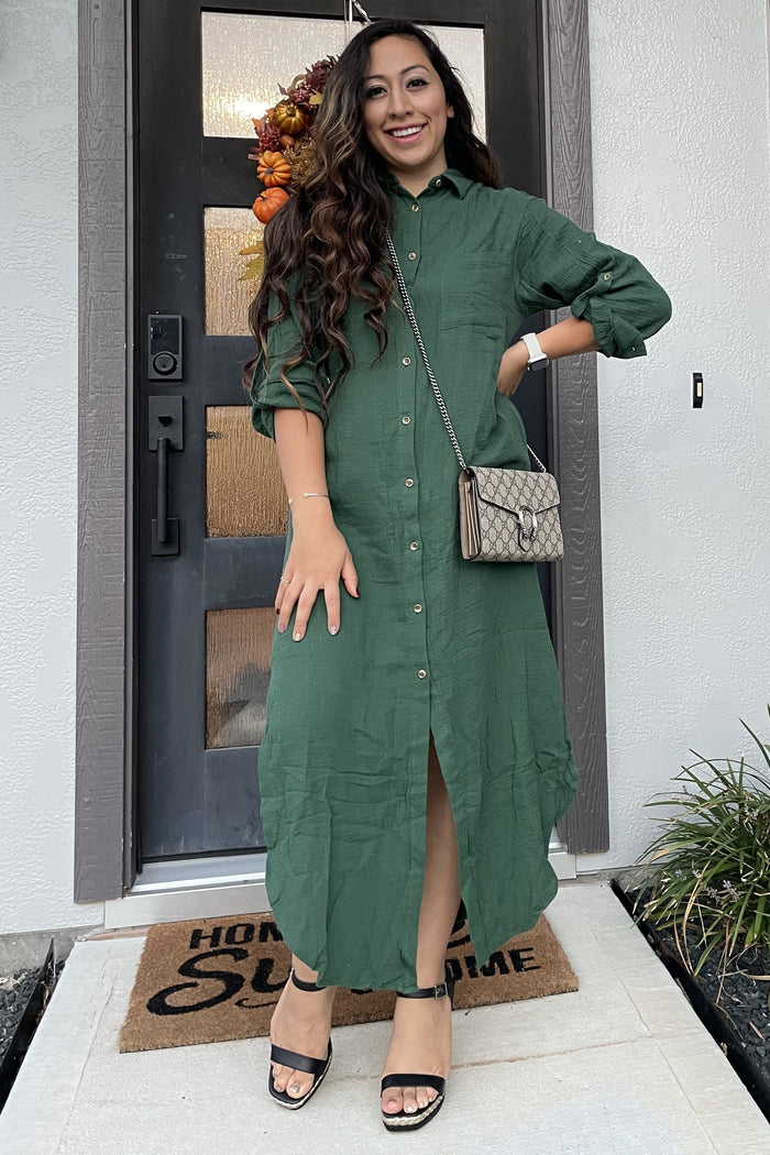 Forest Green Button Down 3/4 Sleeve Midi Dress
