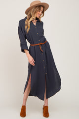 Charcoal Button Down 3/4 Sleeve Midi Dress