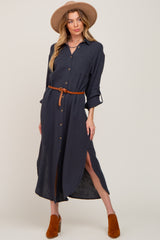 Charcoal Button Down 3/4 Sleeve Midi Dress