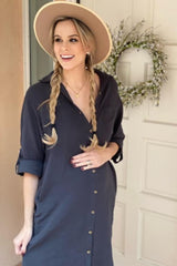 Charcoal Button Down 3/4 Sleeve Maternity Midi Dress