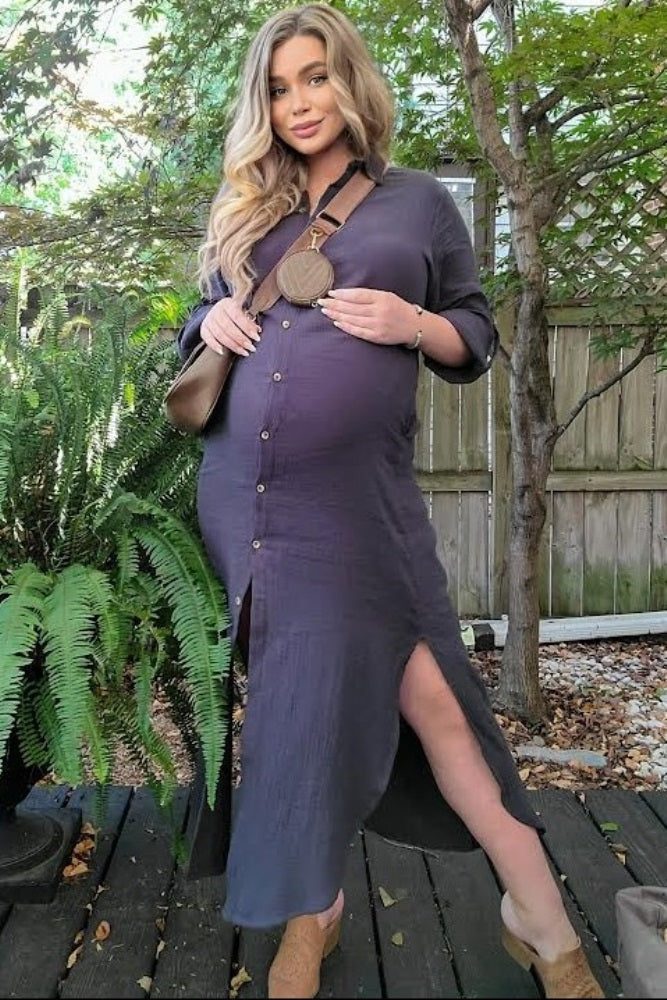 Charcoal Button Down 3/4 Sleeve Maternity Midi Dress