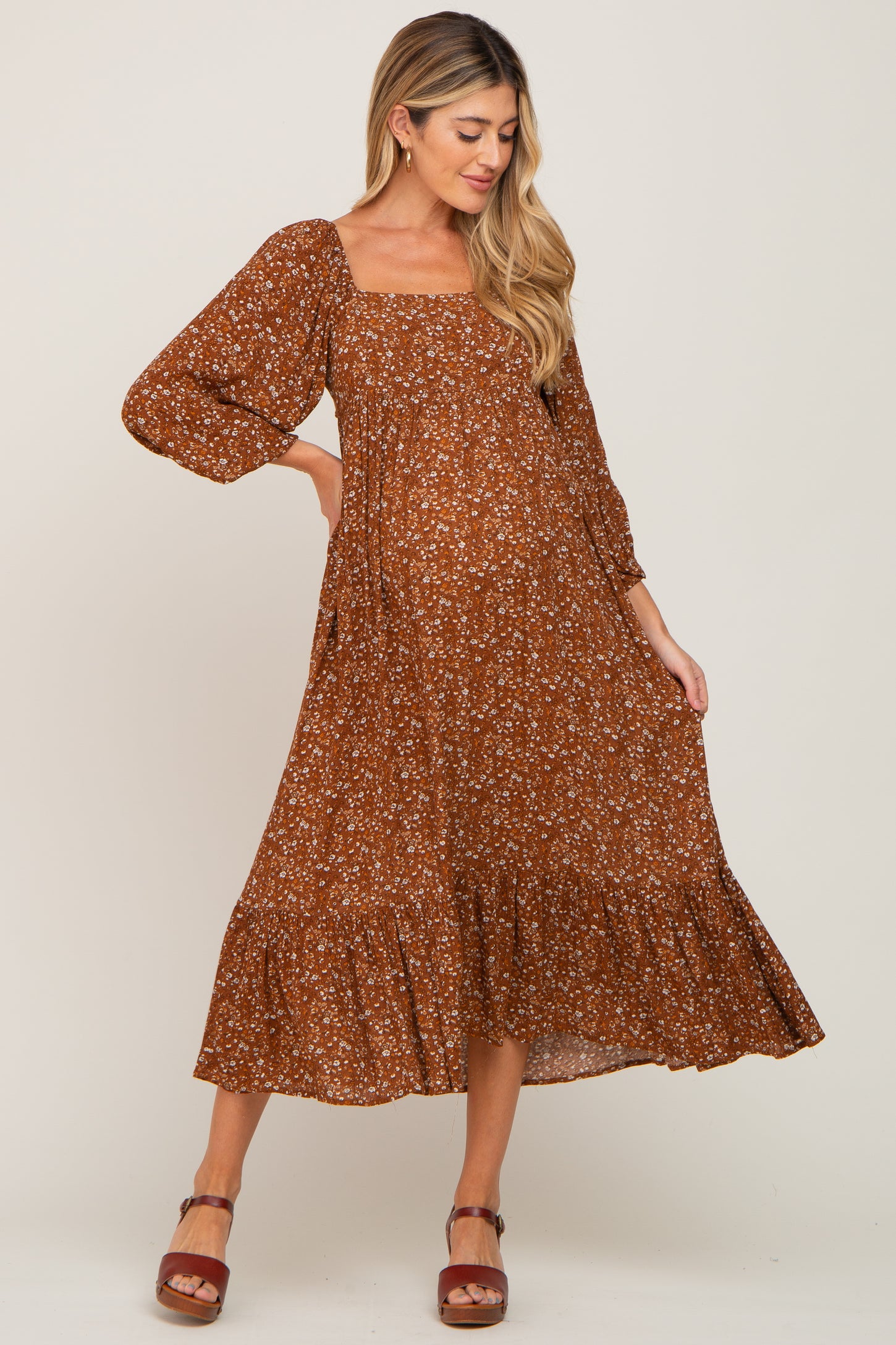 Camel Floral 3/4 Sleeve Maternity Midi Dress