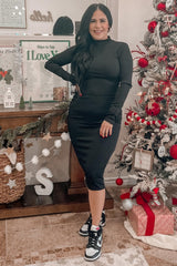 Black Ribbed Fitted Mock Neck Long Sleeve Dress