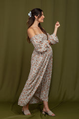 Taupe Floral Off Shoulder Long Sleeve Maternity Maxi Dress