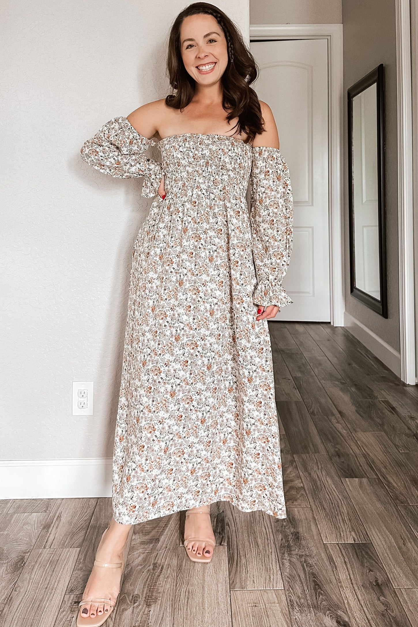Taupe Floral Off Shoulder Long Sleeve Maxi Dress