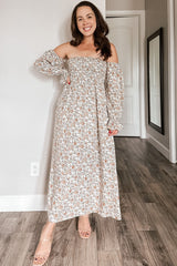 Taupe Floral Off Shoulder Long Sleeve Maxi Dress