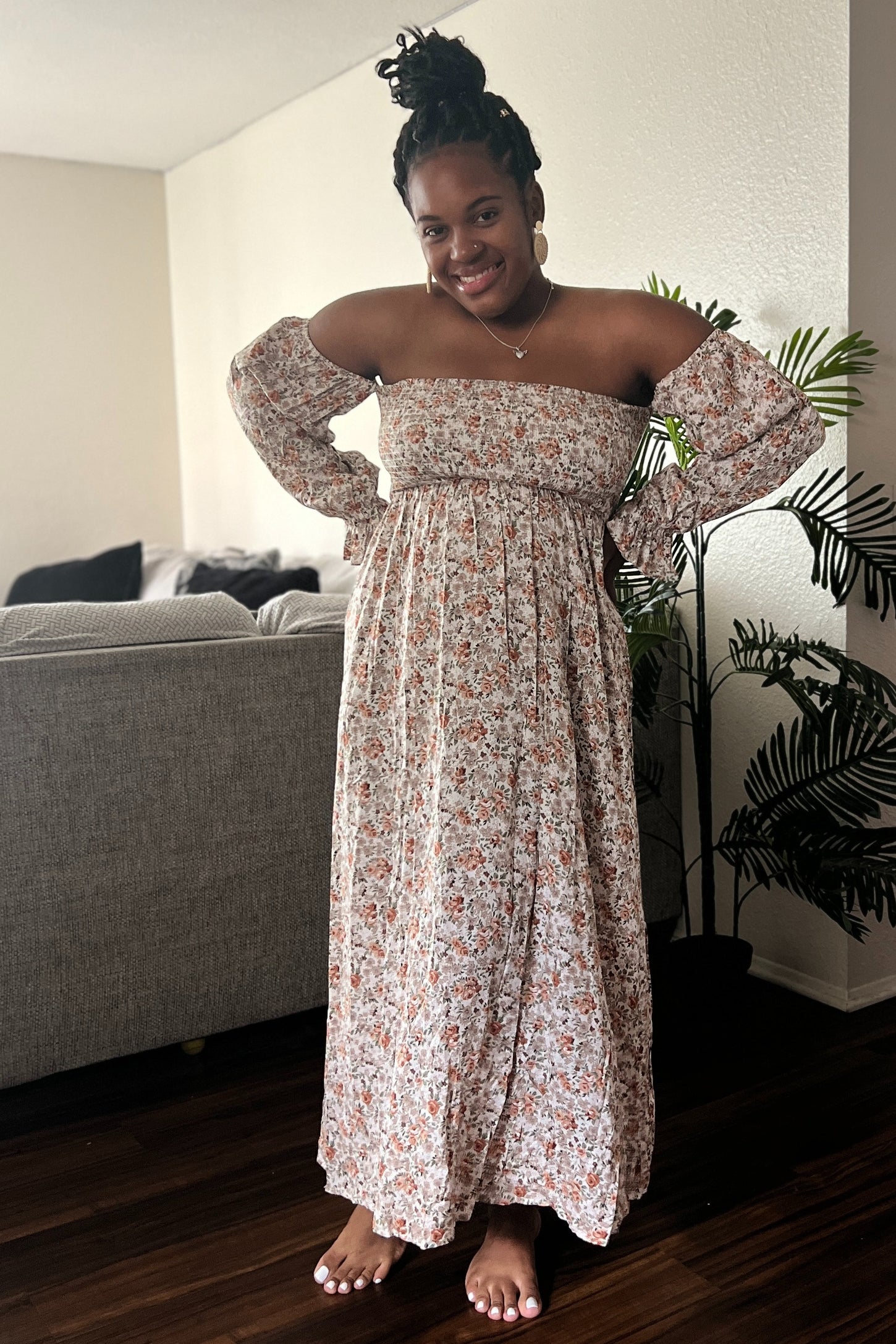 Taupe Floral Off Shoulder Long Sleeve Maxi Dress