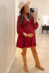 Burgundy Crochet Lace Button Front Maternity Dress