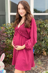 Burgundy Crochet Lace Button Front Maternity Dress