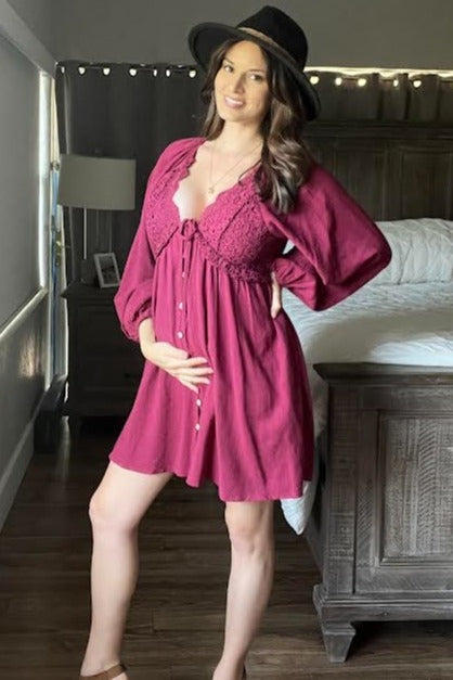 Burgundy Crochet Lace Button Front Maternity Dress