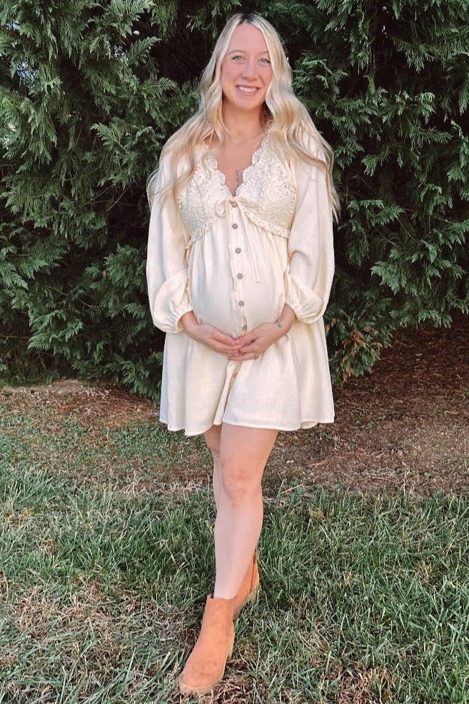 Beige Crochet Lace Button Front Maternity Dress