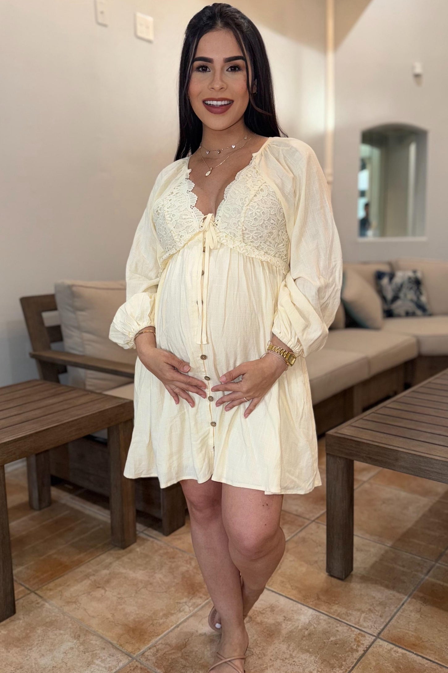 Beige Crochet Lace Button Front Maternity Dress