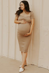 Mocha Ribbed Maternity Midi Dress