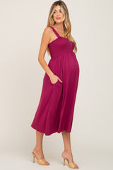 Magenta Smocked Ruffle Strap Maternity Midi Dress