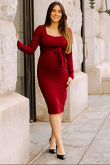 Burgundy Basic Square Neck Maternity Midi Dress