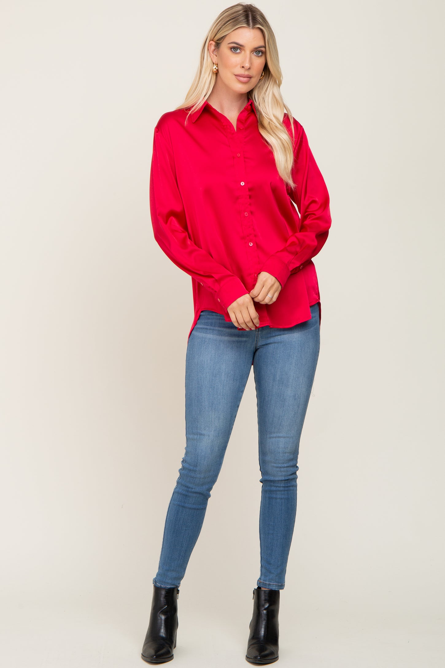 Red Satin Button Down Long Sleeve Top