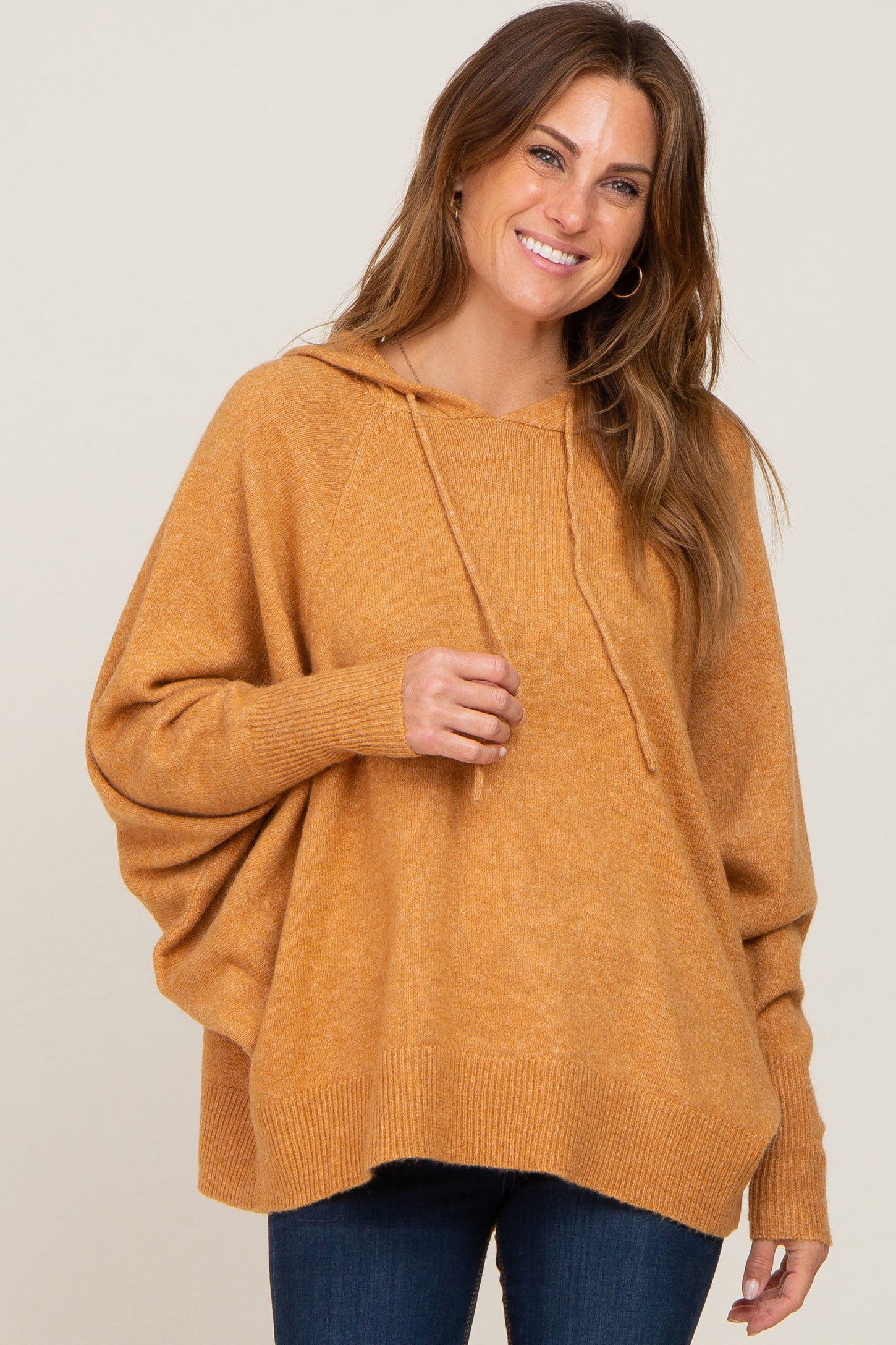 Camel Soft Knit Drawstring Maternity Hoodie