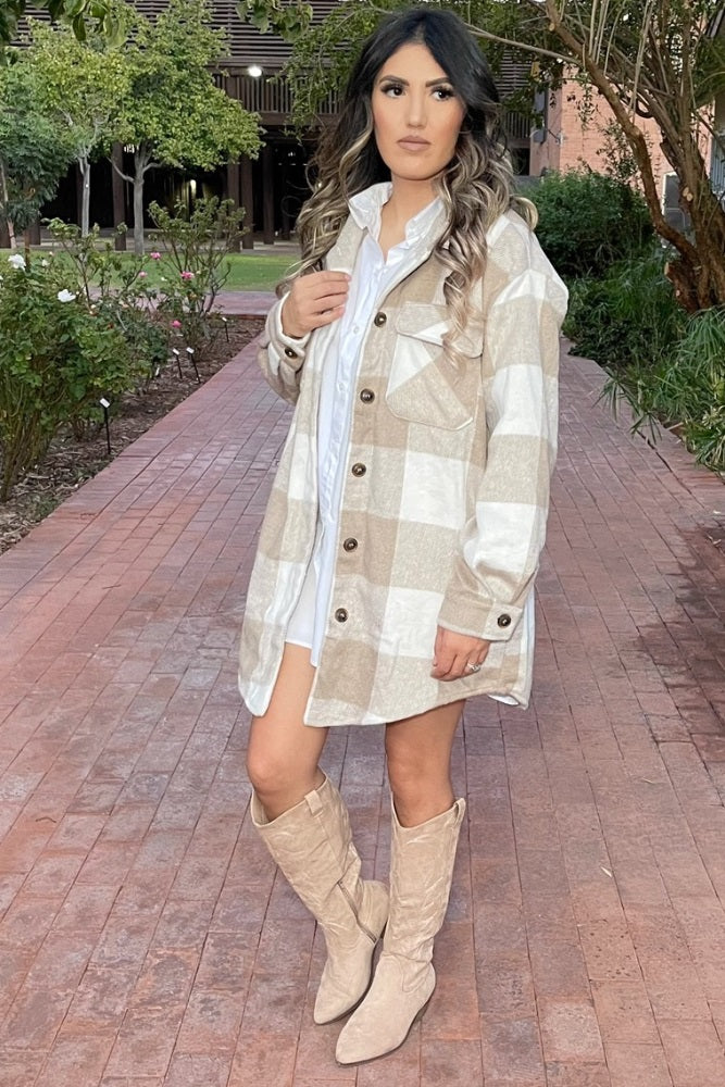 Beige Plaid Brushed Long Shacket