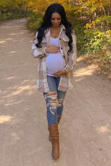 Beige Plaid Brushed Long Maternity Shacket