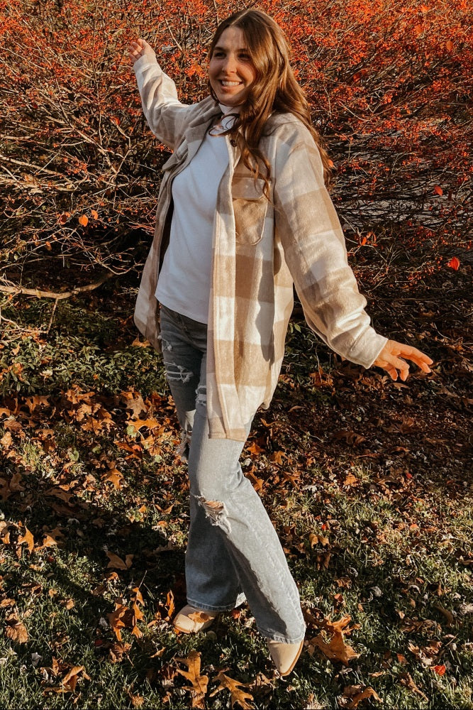 Beige Plaid Brushed Long Shacket