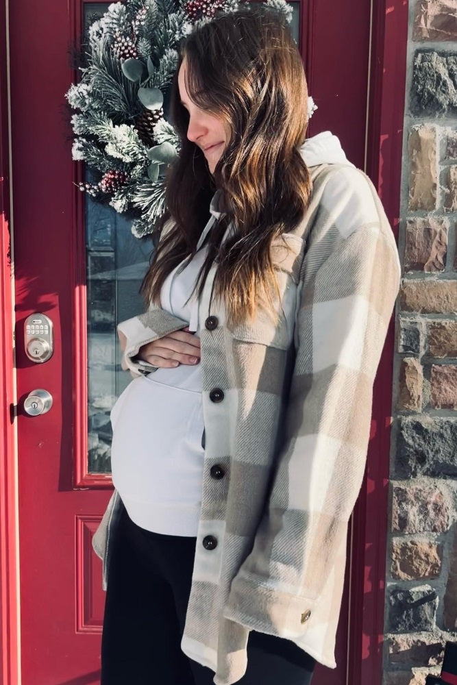 Beige Plaid Brushed Long Maternity Shacket
