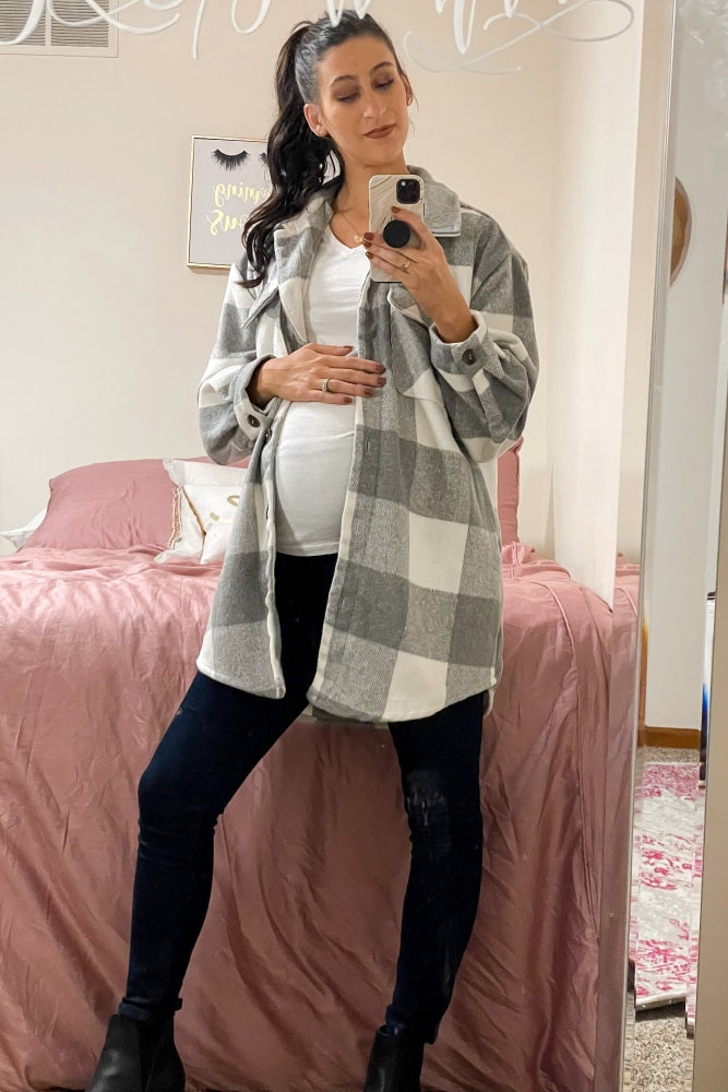 Grey Plaid Brushed Long Maternity Shacket
