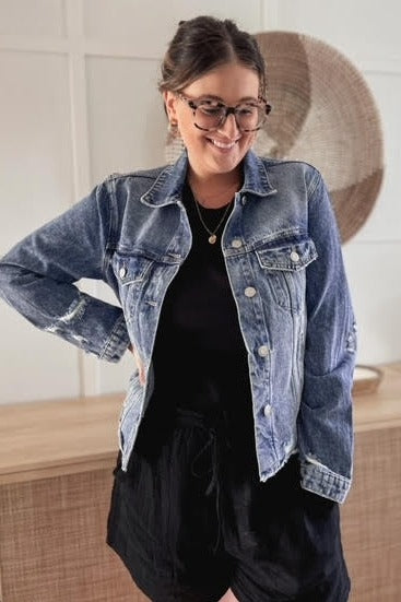 Navy Blue Distressed Cropped Denim Jacket
