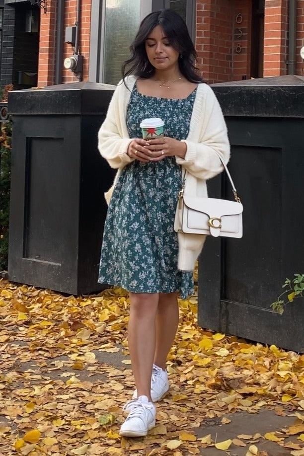 Forest Green Floral Ruffle Sleeve Smocked Dress