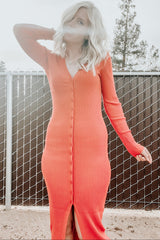 Rust Ribbed Button Front Long Sleeve Dress
