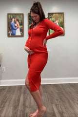 Rust Ribbed Button Front Long Sleeve Maternity Dress
