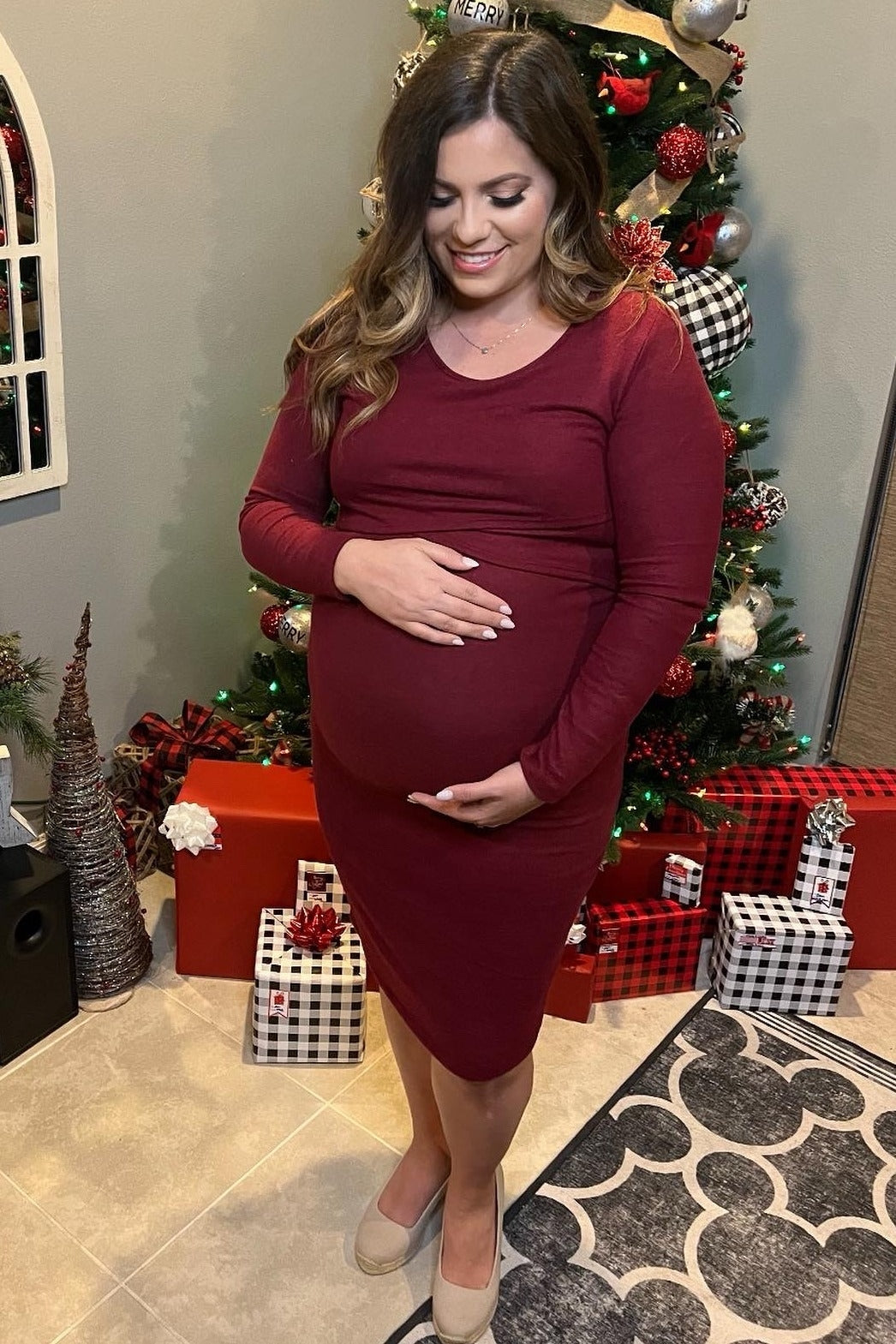 Burgundy Brushed Knit Long Sleeve Maternity Wrap Nursing Dress