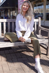 Olive Linen Frayed Hem Crop Pants